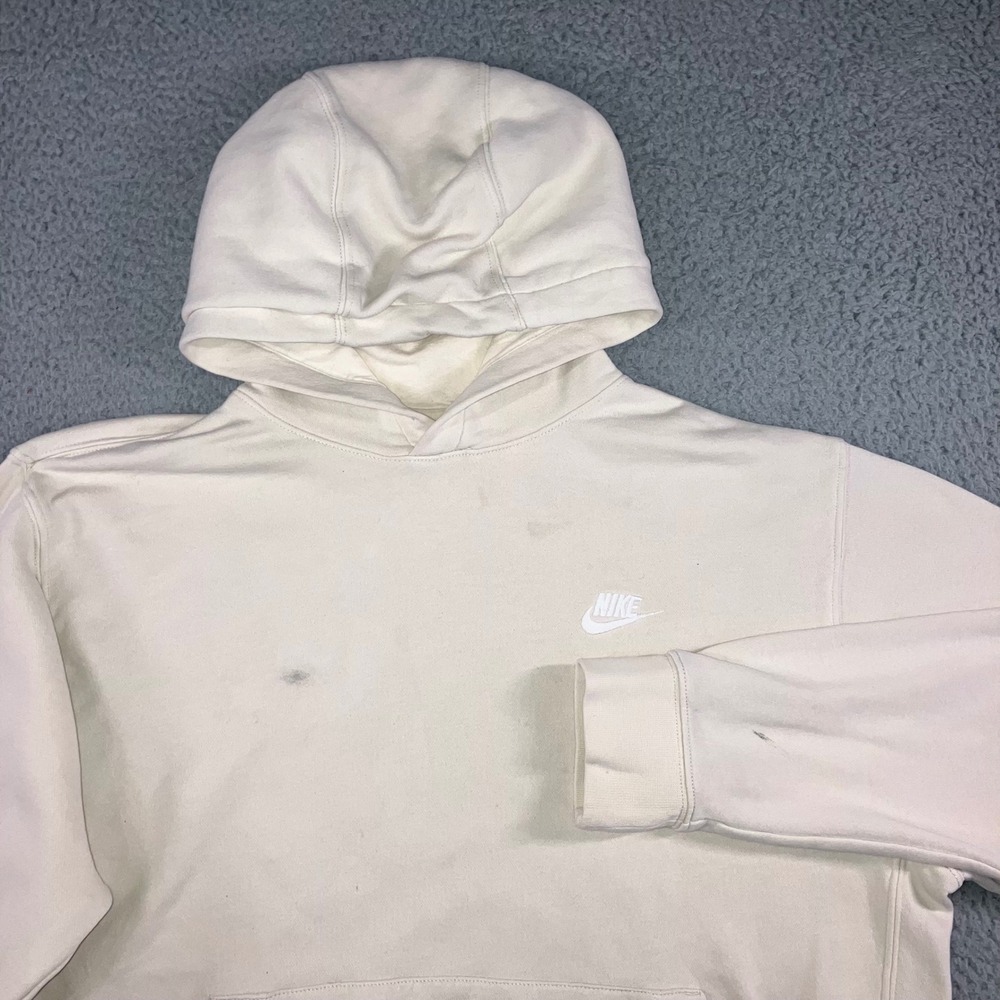 Nike Hoodie Men Large Cream Embroidered Logo Fleece Sweatshirt Thrashed Grunge